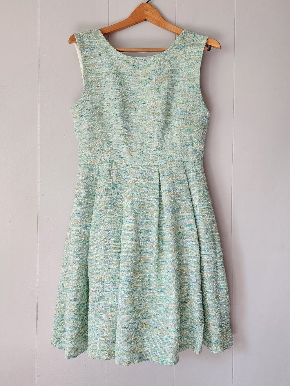 Paper Crown Anthropologie Tweed Green Blue Gold Fit Flare Dress M